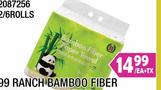 99 RANCH BAMBOO FIBER PAPER TOWEL 2/6ROLLS 99 RANCH竹纖維本色廚房紙巾6卷 $14.99/EA+TX