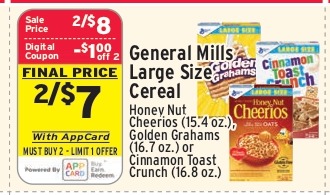 General Mills Large Size Cereal (Honey Nut Cheerios 15.4oz, Golden Grahams 16.7oz or Cinnamon Toast Crunch 16.8oz)