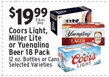 Coors Light, Miller Lite or Yuengling Beer 18 Pack (12oz Bottles or Cans, Selected Varieties)