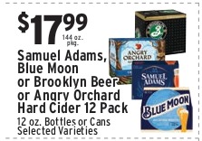 Samuel Adams, Blue Moon or Brooklyn Beer or Angry Orchard Hard Cider 12 Pack (12oz Bottles or Cans, Selected Varieties)