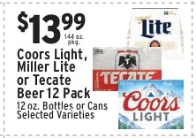 Coors Light, Miller Lite or Tecate Beer 12 Pack (12oz Bottles or Cans, Selected Varieties)