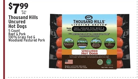 Thousand Hills Uncured Hot Dogs 5 Count (Beef & Pork, 100% Grass Fed & Woodland Pastured Pork)