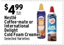 Nestle Coffee-mate or Intl Delight Cold Foam Creamer