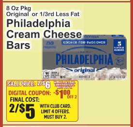 Philadelphia Cream Cheese Bars 8oz Original or 1/3 Less Fat