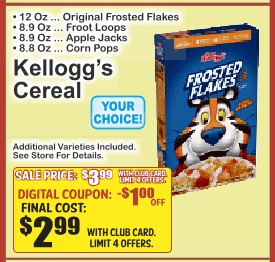 Kellogg's Cereal Frosted Flakes/Froot Loops/Apple Jacks/Corn Pops