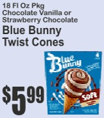 Blue Bunny Twist Cones 18floz Chocolate Vanilla or Strawberry Chocolate