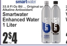 Smartwater Enhanced Water 1 Liter 33.8floz Original or Alkaline Antioxidant