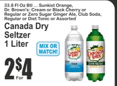 Canada Dry Seltzer 1 Liter 33.8floz Sunkist Orange/Dr.Brown's/Ginger Ale