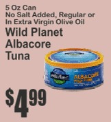 Wild Planet Albacore Tuna 5oz No Salt Added, Regular or In Extra Virgin Olive Oil