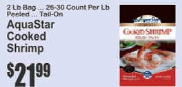 AquaStar Cooked Shrimp 2Lb Bag 26-30 Count Per Lb Peeled Tail-On