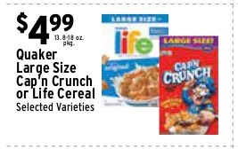 Quaker Large Size Cap'n Crunch or Life Cereal