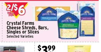 Crystal Farms Cheese Shreds, Bars, Singles or Slices