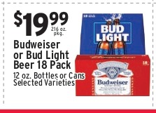 Budweiser or Bud Light Beer 18 Pack