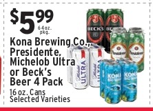 Kona Brewing Co. Presidente, Michelob Ultra or Beck's Beer 4 Pack