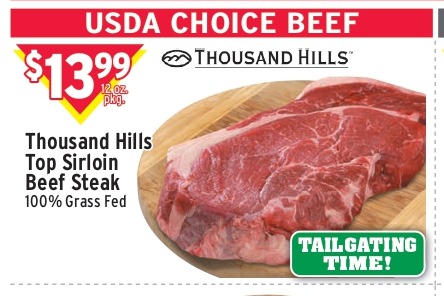 Thousand Hills Top Sirloin Beef Steak, 100% Grass Fed, USDA Choice Beef
