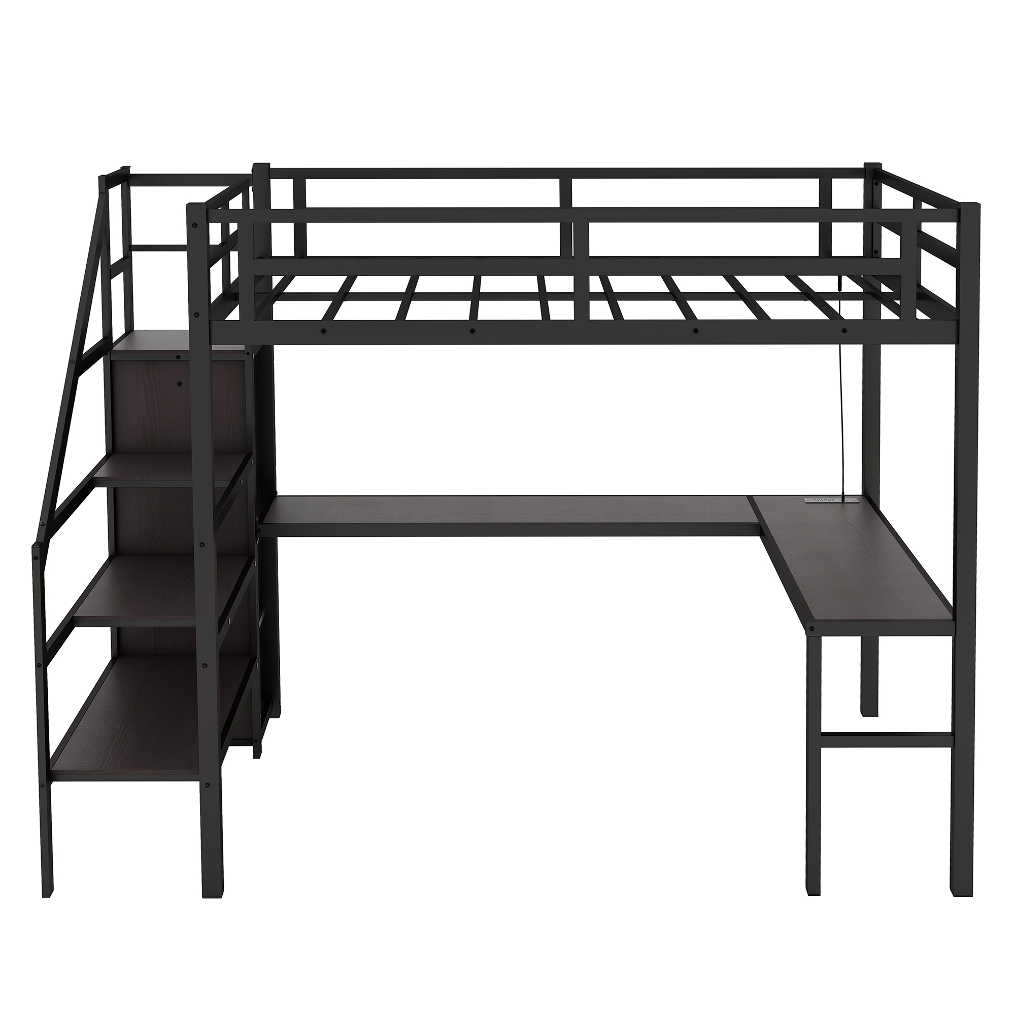 Twin XL Size Loft Bed with L-shaped Desk and USB, Metal Loft Bed with Wardrobe and Adjustable Shelf, High Loft Bed with LED for 