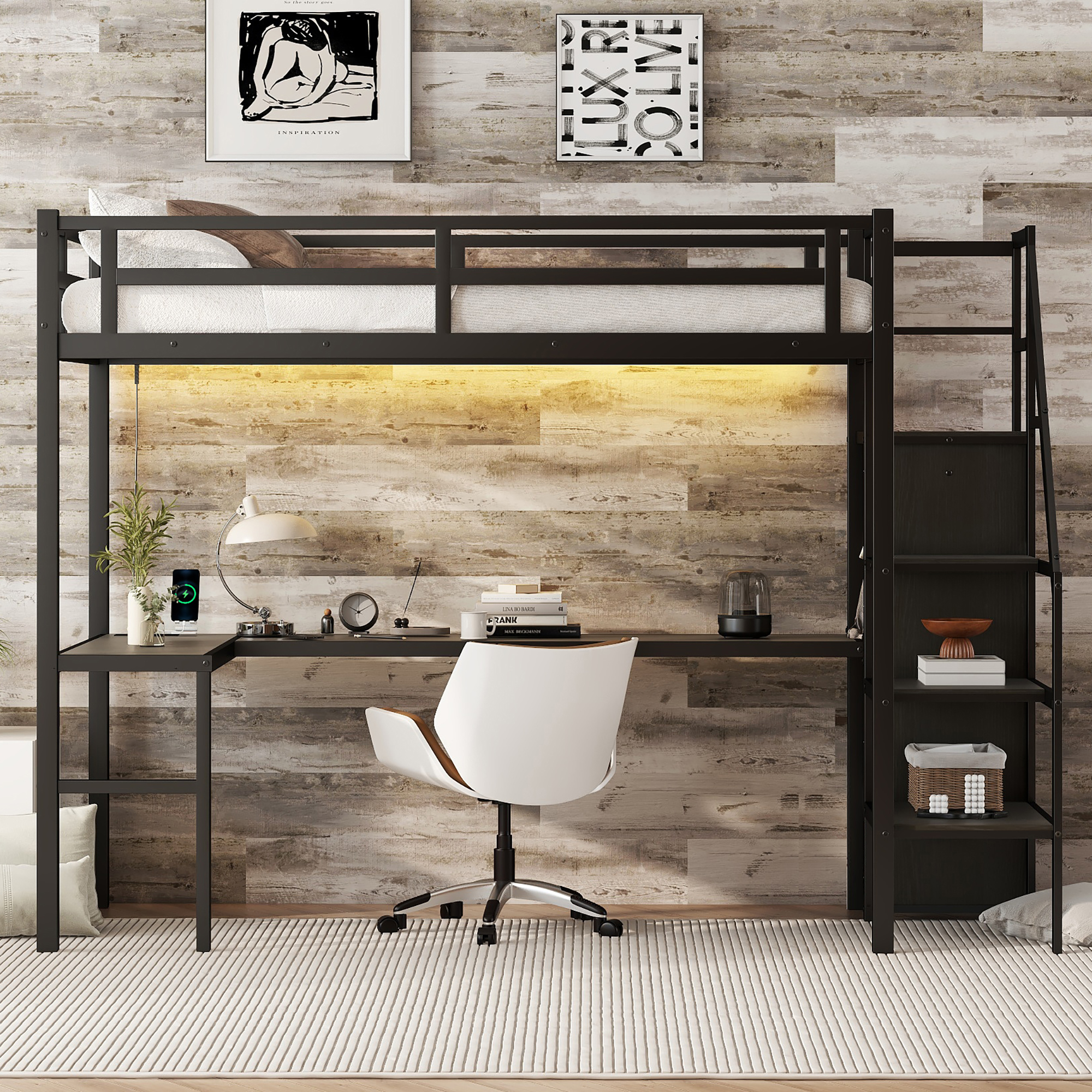Twin XL Size Loft Bed with L-shaped Desk and USB, Metal Loft Bed with Wardrobe and Adjustable Shelf, High Loft Bed with LED for 