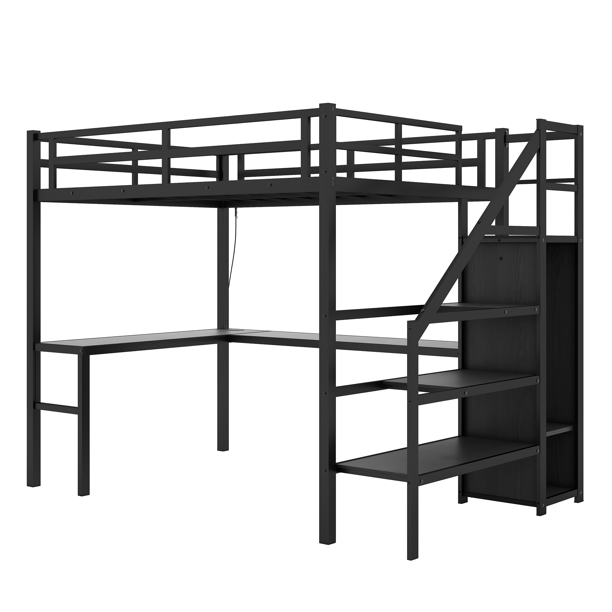 Twin XL Size Loft Bed with L-shaped Desk and USB, Metal Loft Bed with Wardrobe and Adjustable Shelf, High Loft Bed with LED for 