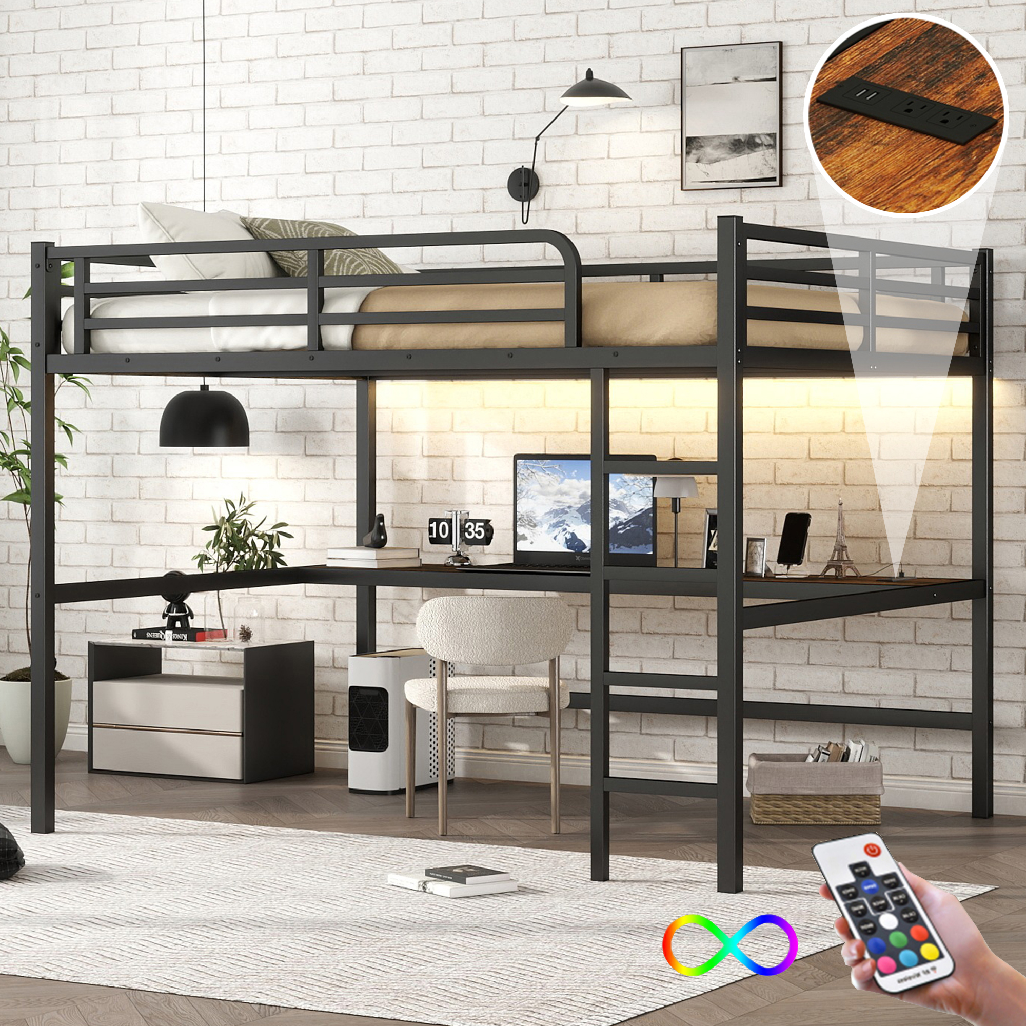 Metal Queen Size Loft Bed with Power Outlet and LED Lighted, Space-Saving, Noise Reduced, Black