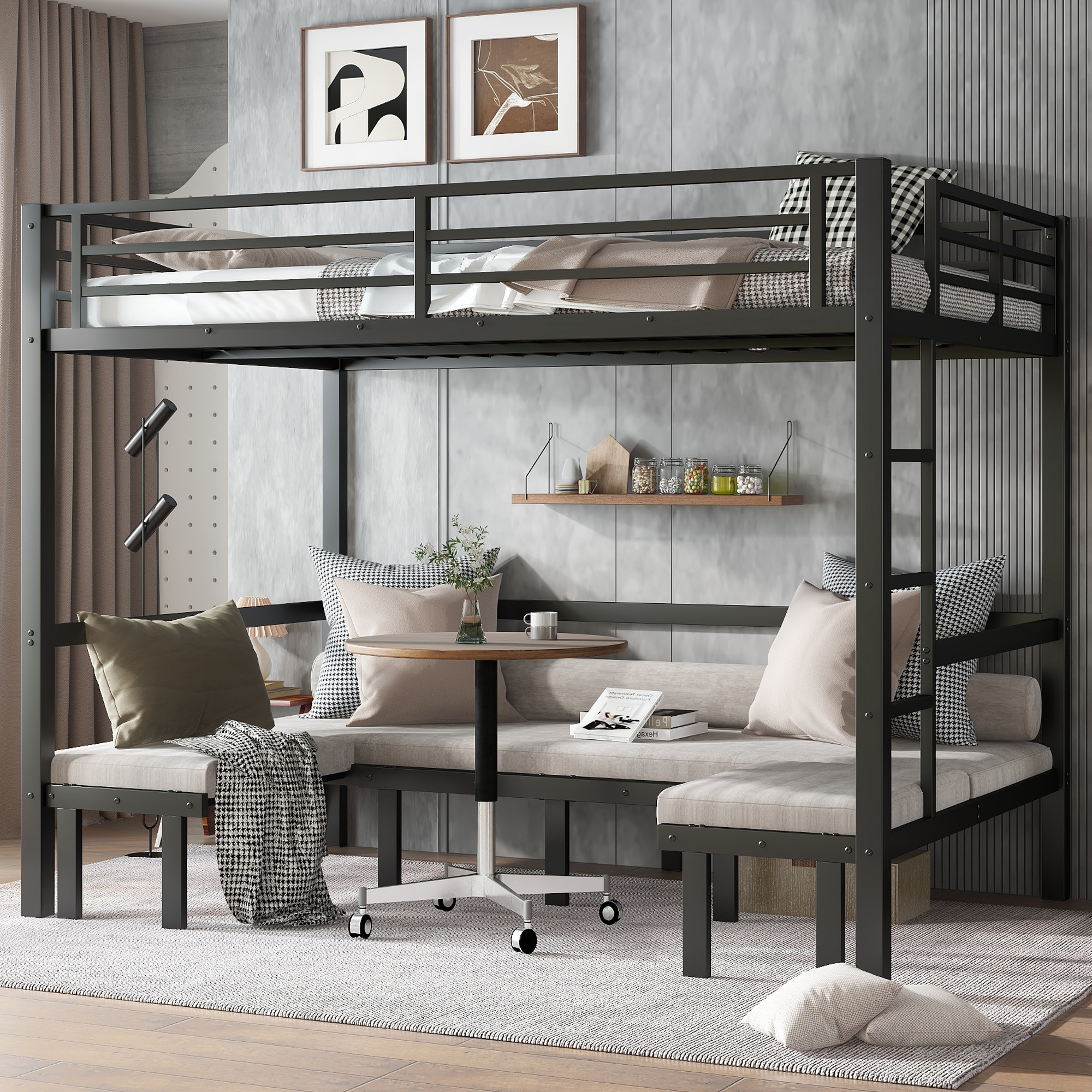 Queen over Queen size pull-out Metal Bunk Bed, lower bunk can be pulled out in three sections, top bunk equipped with safety rai