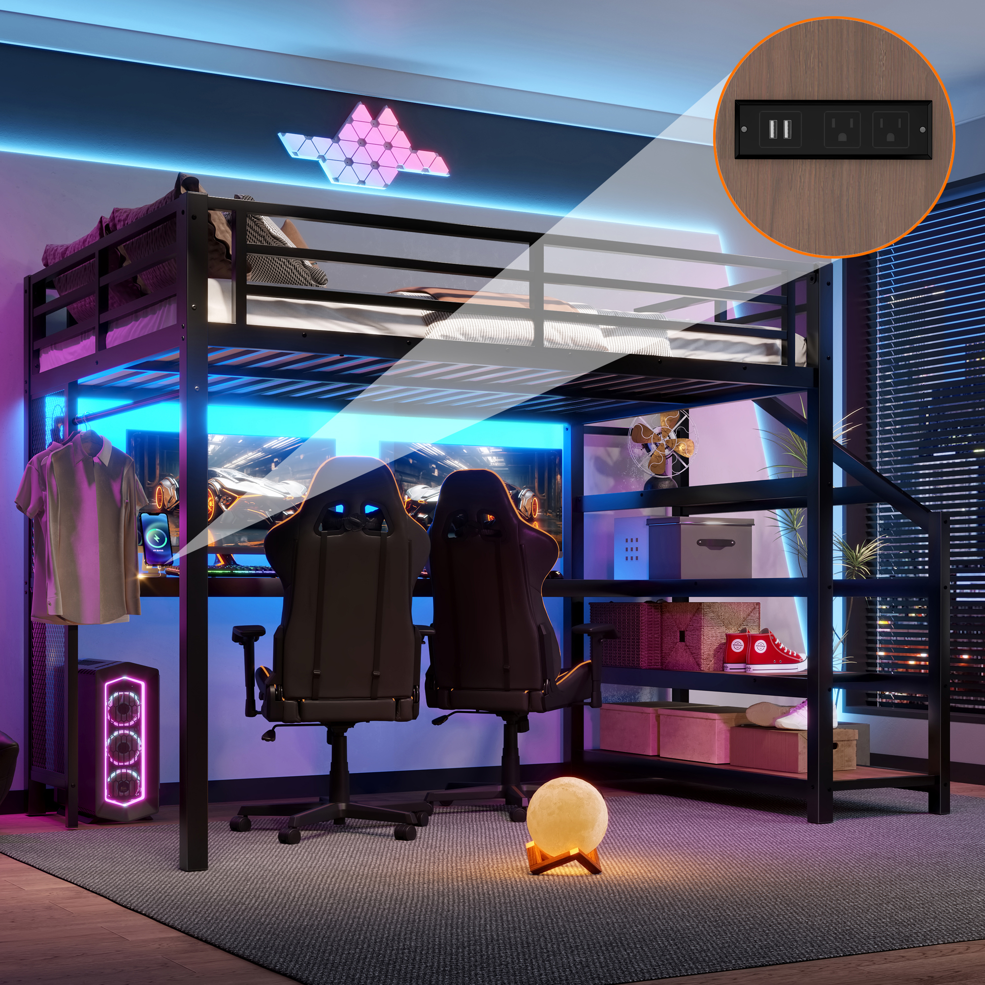 Full Loft Bed with Desk and Storage Stairs, Metal Loft Beds with LED Lights, USB Ports, Multifunctional Iron Nets, No Spring Box