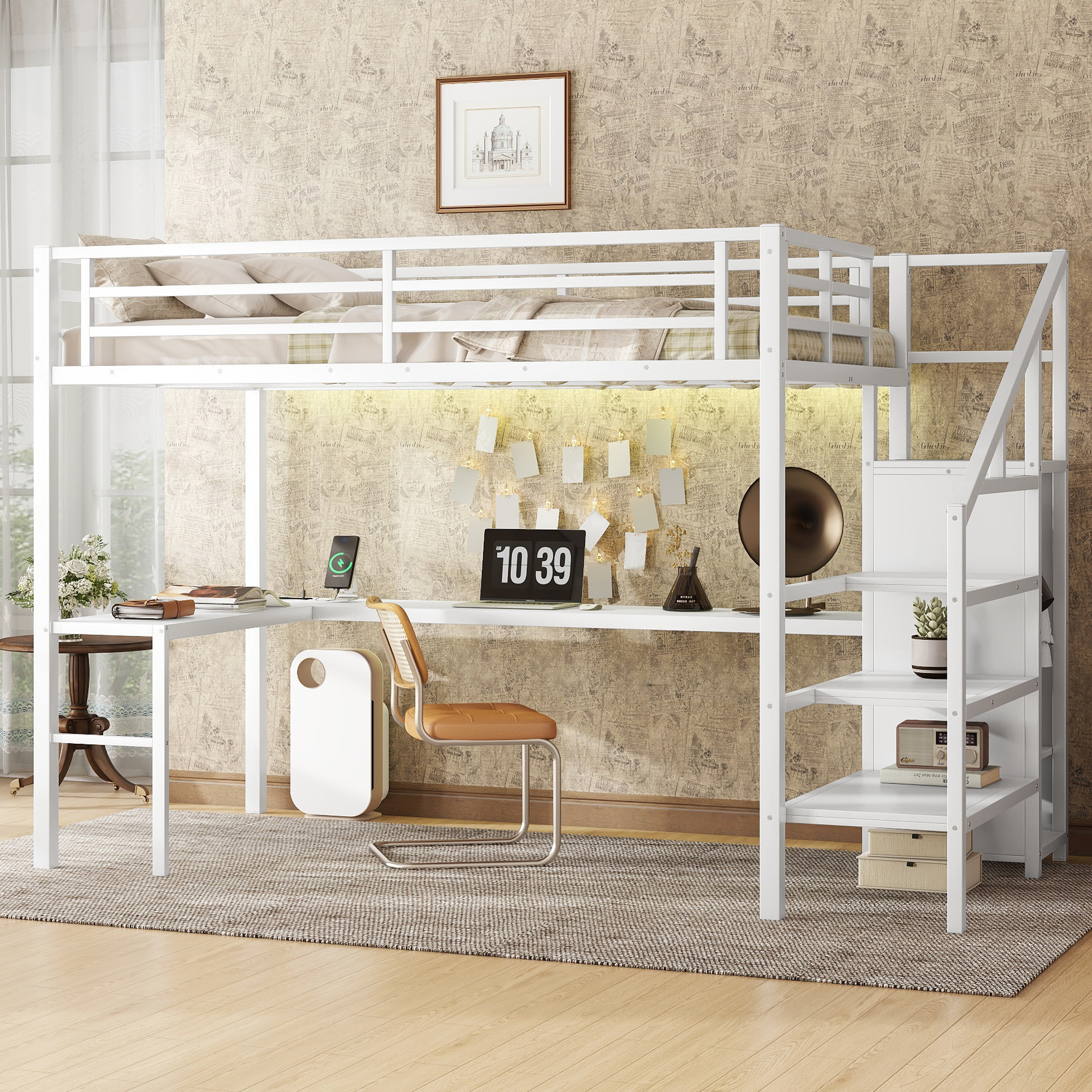 Full Size Loft Bed with L-shaped Desk and USB, Metal Loft Bed with Wardrobe and Adjustable Shelf, High Loft Bed with LED for Kid