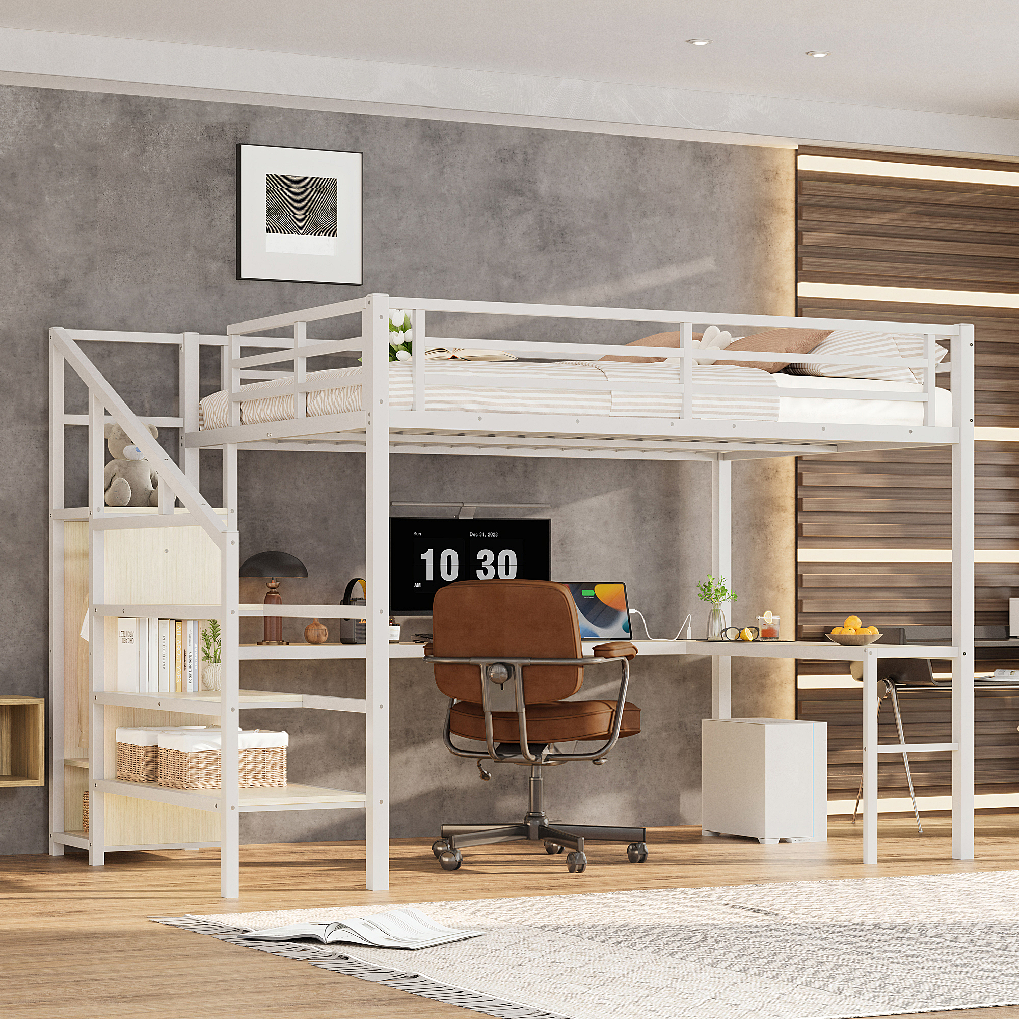 Queen Size Loft Bed with L-shaped Desk and USB, Metal Loft Bed with Wardrobe and Adjustable Shelf, High Loft Bed with LED for Ki