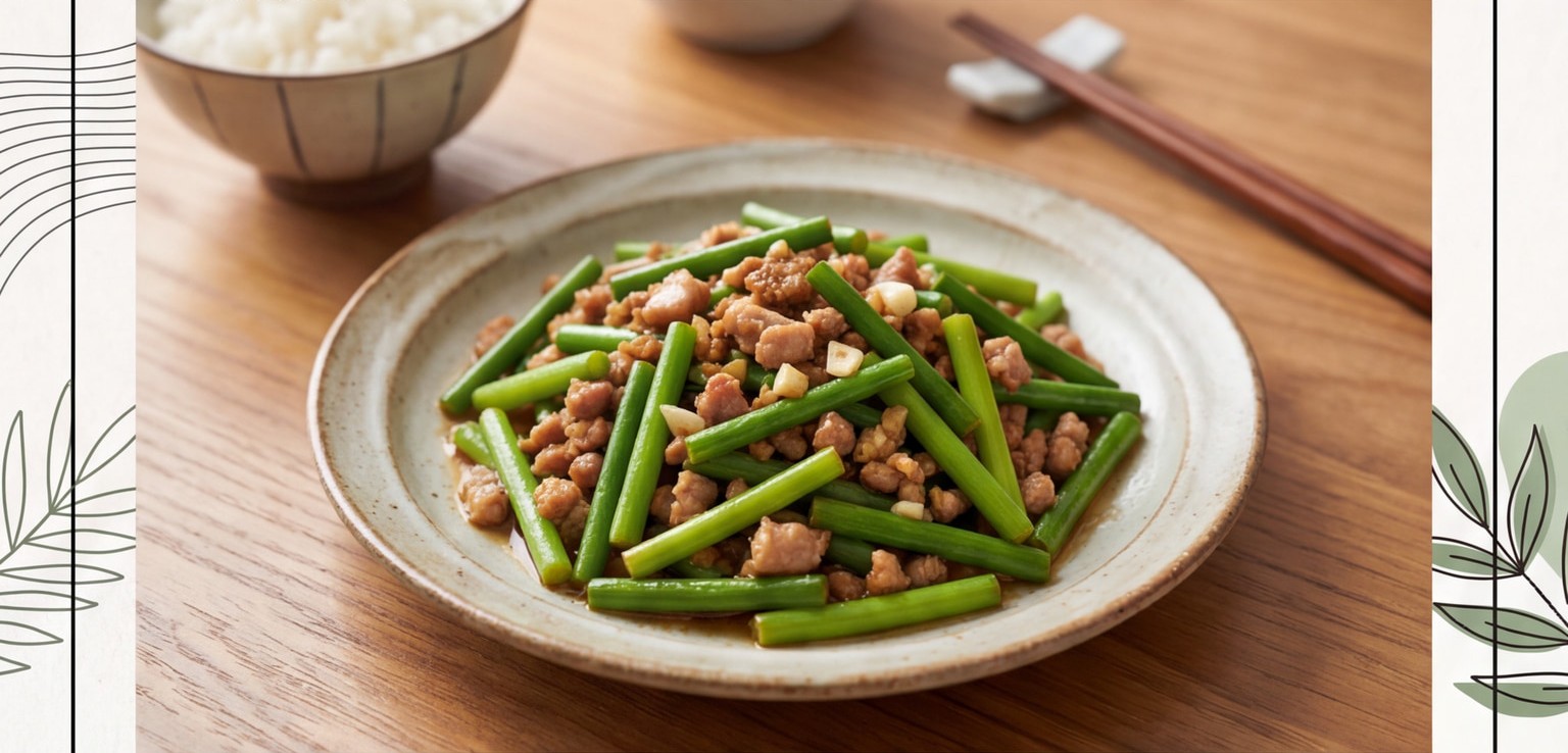 Garlic Sprouts with Ground Pork