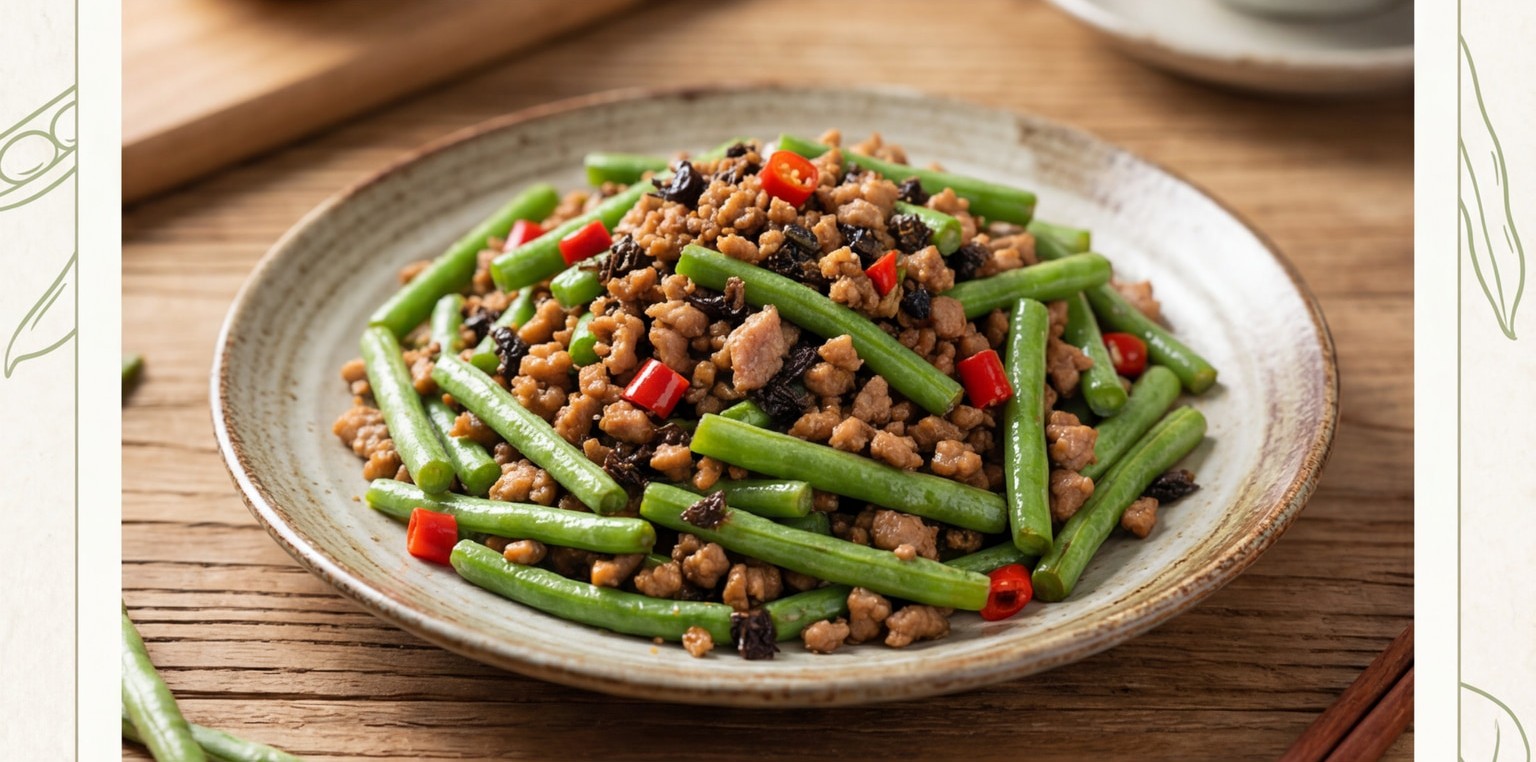 Green Beans with Preserved Olive Vegetable and Pork